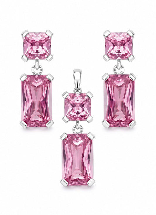 💗 Set de Aretes y Dije Circonia Rosa – Elegancia y Brillo Femenino