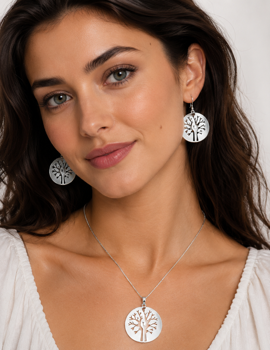 Set de Aretes y Dije Árbol de la Vida en Plata Ley 925