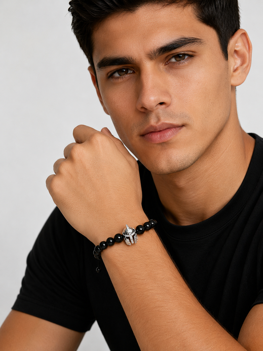 Pulsera Gladiador de Plata con Obsidiana Natural – Ajustable