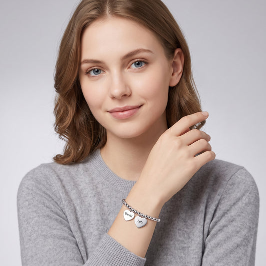 Pulsera Bolitas  con dos Corazones Personalizada