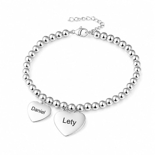 Pulsera Bolitas  con dos Corazones Personalizada