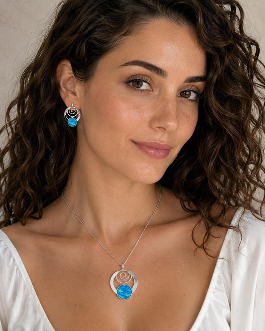 Set de Dije y Aretes Espiral con Ópalo Azul en Plata Ley 925