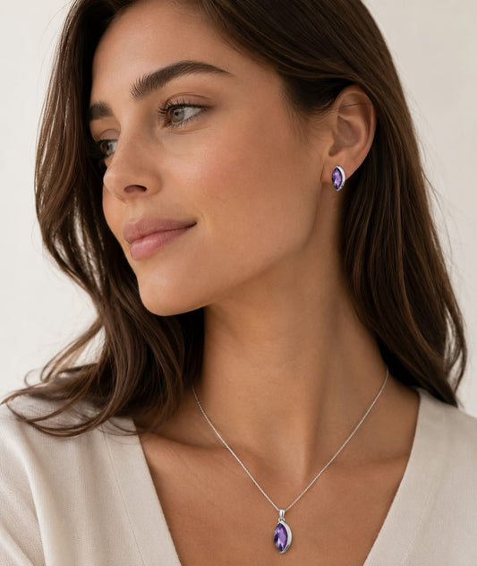 💜 Set de Aretes y Dije de Circonia Amatista - Elegancia en Violeta