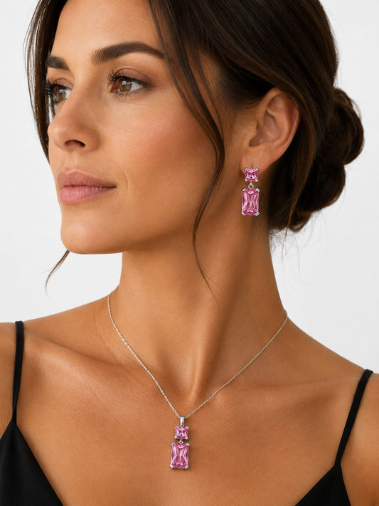 💗 Set de Aretes y Dije Circonia Rosa  – Elegancia y Brillo Femenino