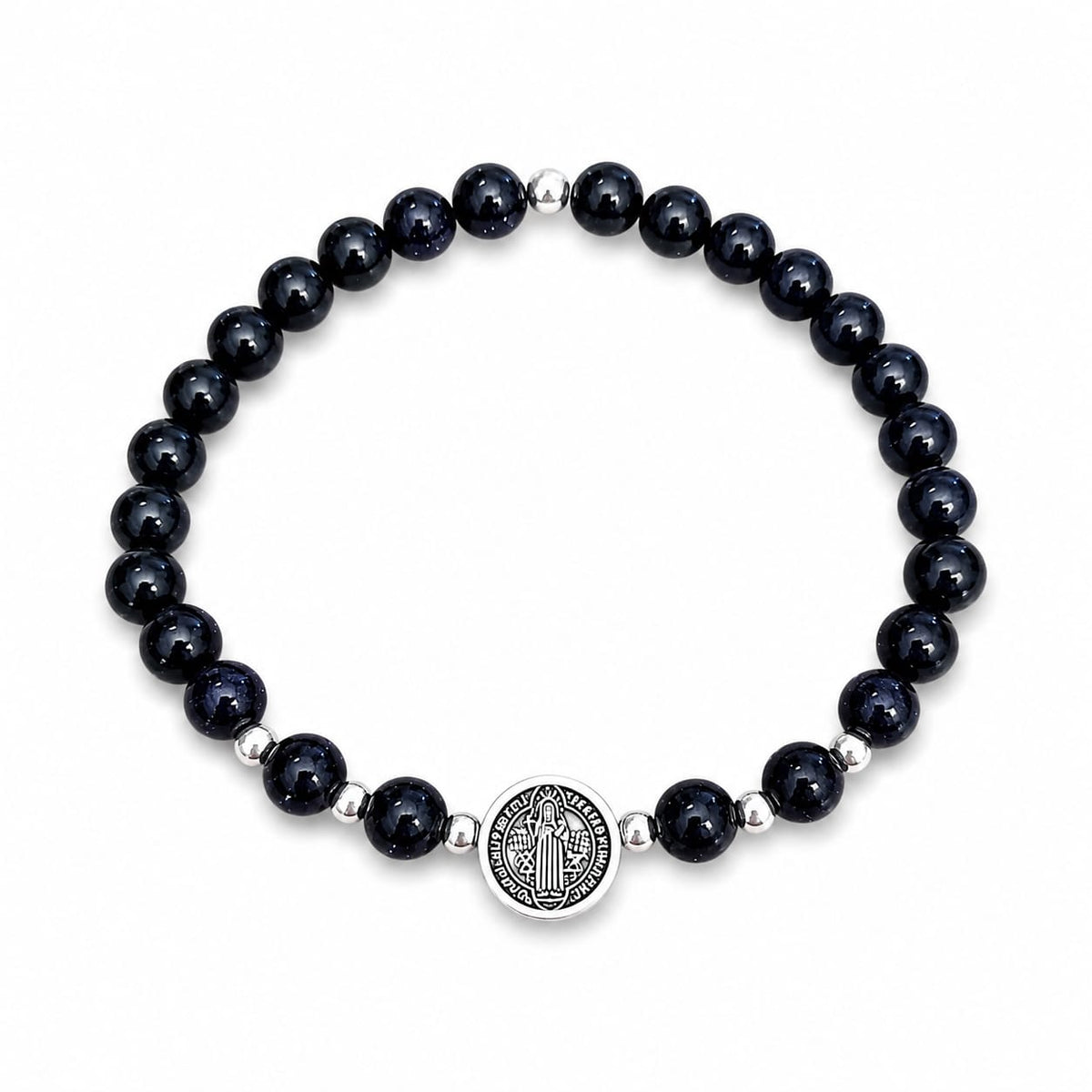 Pulsera de Ónix con Medalla de San Benito – Elegancia, Fe y Protección
