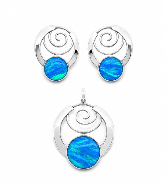 Set de Dije y Aretes Espiral con Ópalo Azul en Plata Ley 925