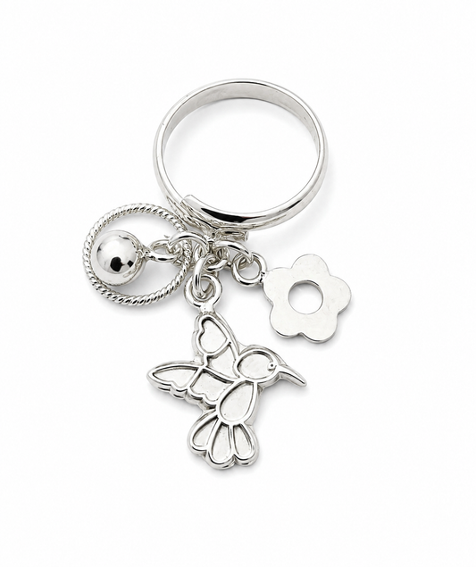 Anillo Colibrí con Dijes Colgantes en Plata Ley 925