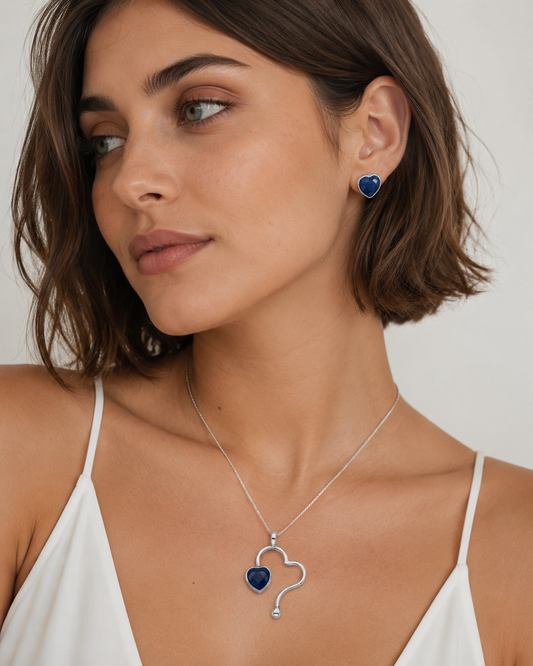Set de Dije y Aretes Corazón con Lapislázuli Natural en Plata Ley 925