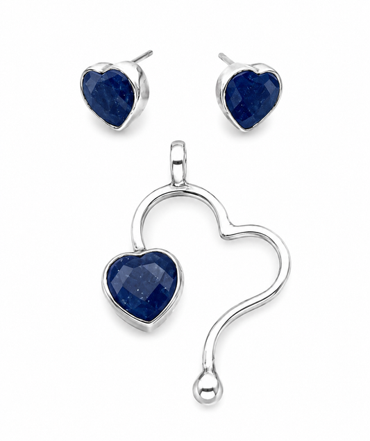 Set de Dije y Aretes Corazón con Lapislázuli Natural en Plata Ley 925